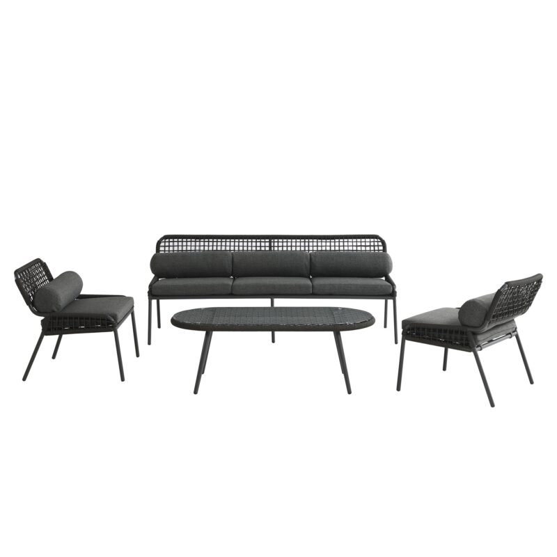 Pomona Rope Weave 5-Seater Sofa Set, Dark Grey Fabric with Black Frame - Image 8