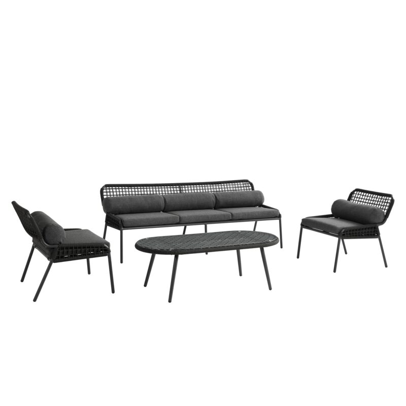 Pomona Rope Weave 5-Seater Sofa Set, Dark Grey Fabric with Black Frame - Image 9