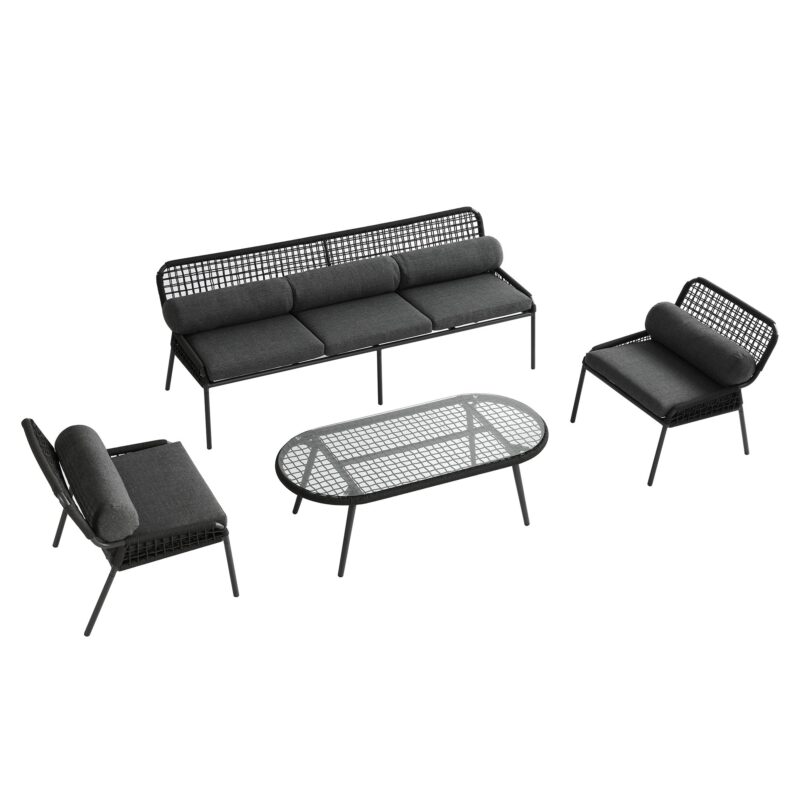 Pomona Rope Weave 5-Seater Sofa Set, Dark Grey Fabric with Black Frame - Image 11