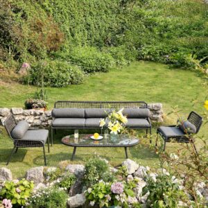 Pomona Rope Weave 5-Seater Sofa Set, Dark Grey Fabric with Black Frame