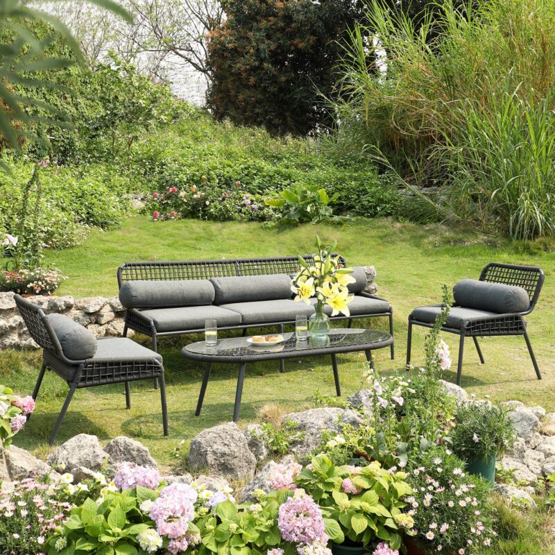 Pomona Rope Weave 5-Seater Sofa Set, Dark Grey Fabric with Black Frame - Image 2