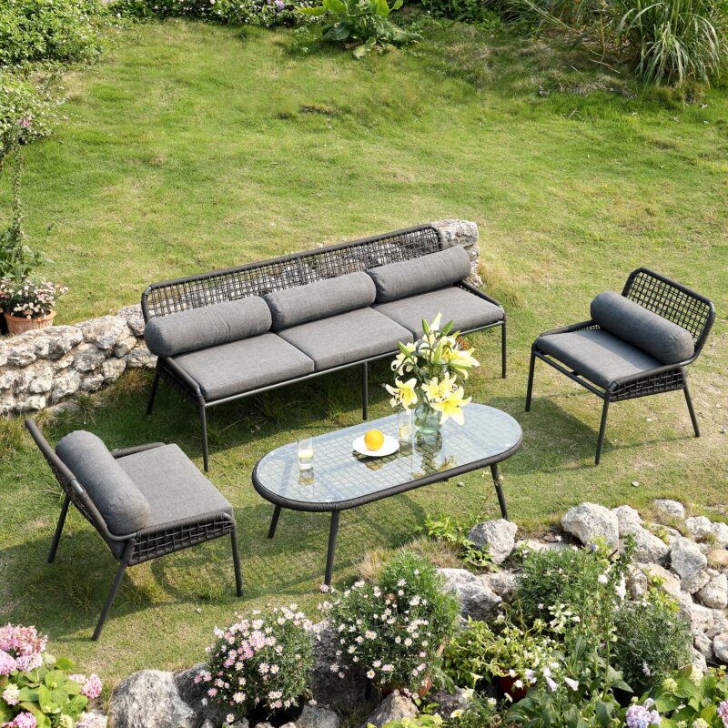Pomona Rope Weave 5-Seater Sofa Set, Dark Grey Fabric with Black Frame - Image 3