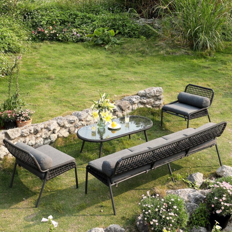 Pomona Rope Weave 5-Seater Sofa Set, Dark Grey Fabric with Black Frame - Image 6