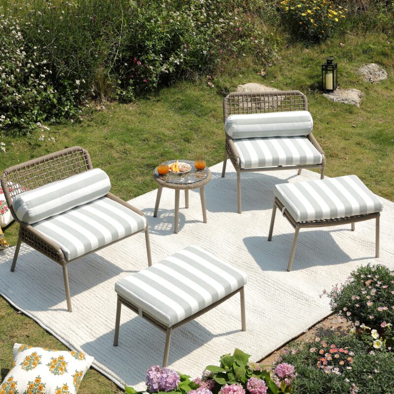 Pomona Rope Weave Bistro Set, Sage Striped Fabric with Taupe Frame - Image 3
