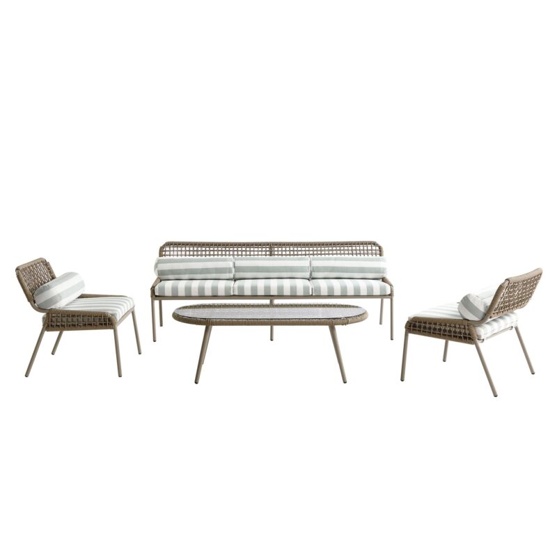 Pomona Rope Weave 5-Seater Sofa Set, Sage Striped Fabric with Taupe Frame - Image 9