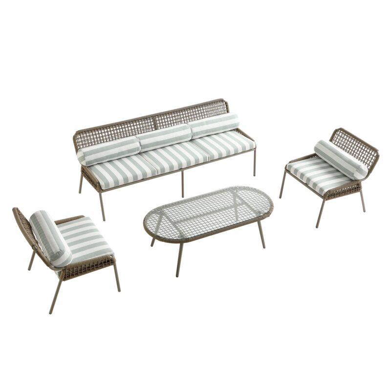 Pomona Rope Weave 5-Seater Sofa Set, Sage Striped Fabric with Taupe Frame - Image 10