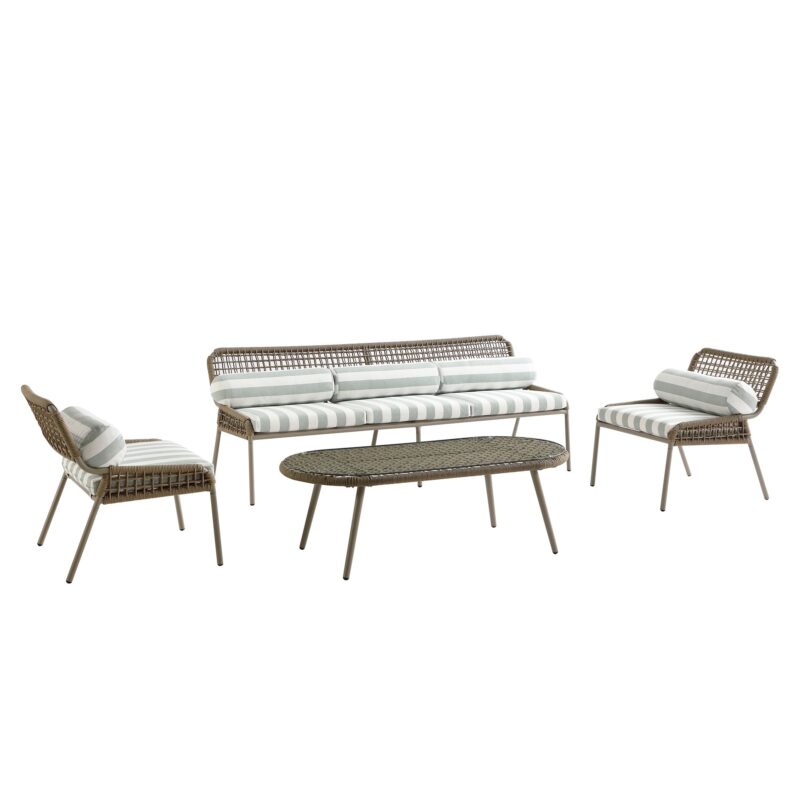 Pomona Rope Weave 5-Seater Sofa Set, Sage Striped Fabric with Taupe Frame - Image 12