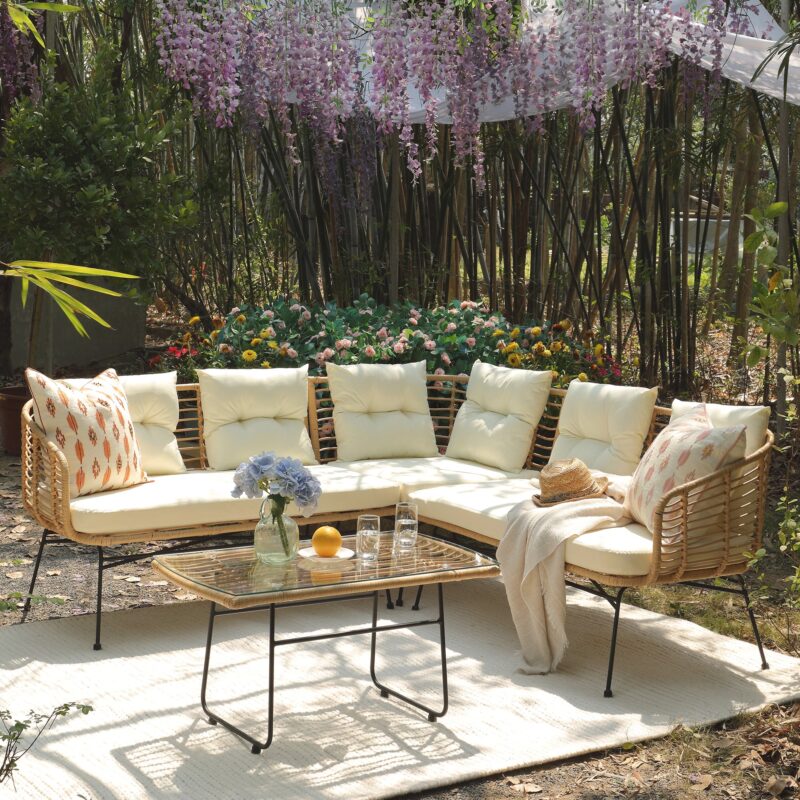 St Loy Natural Rattan Corner Sofa Set with Table