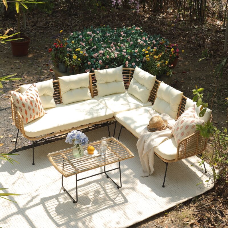 St Loy Natural Rattan Corner Sofa Set with Table - Image 2