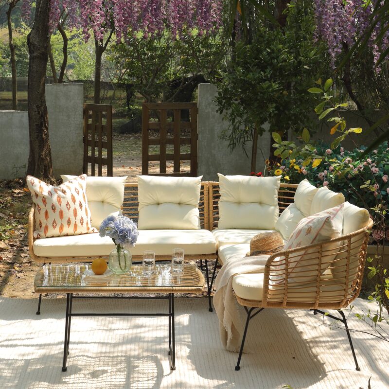 St Loy Natural Rattan Corner Sofa Set with Table - Image 3
