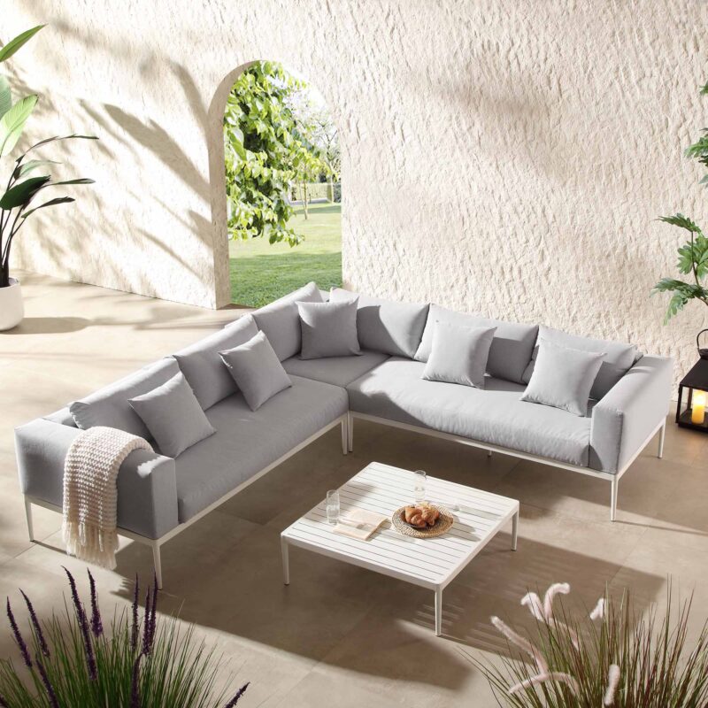 Calabasas Large Outdoor Fabric Aluminium Frame Corner Sofa Set with Coffee Table, Light Grey - Image 2