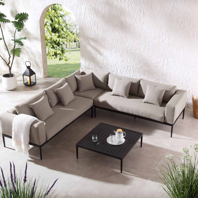 Calabasas Large Outdoor Fabric Aluminium Frame Corner Sofa Set with Coffee Table, Taupe - Image 2
