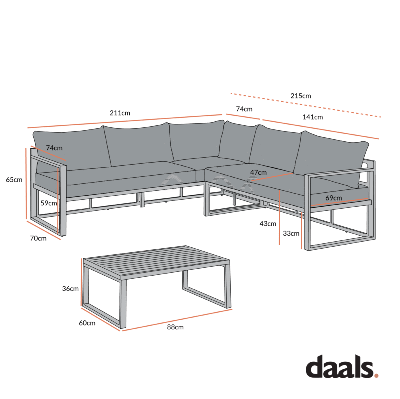 Albany Aluminium Corner Sofa Set with Reclining Back and Coffee Table, Taupe - Image 6