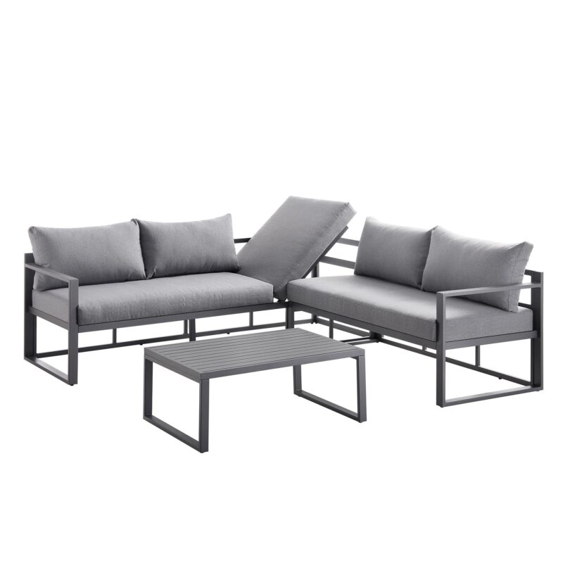 Albany Aluminium Corner Sofa Set with Reclining Back and Coffee Table, Grey - Image 6
