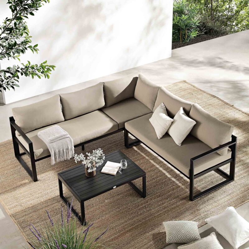 Albany Aluminium Corner Sofa Set with Reclining Back and Coffee Table, Taupe - Image 2