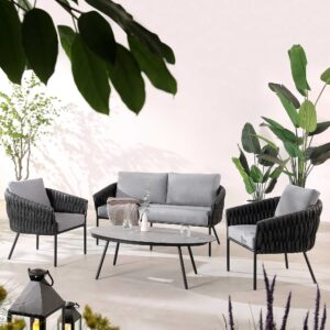 Montebello 4-Seater Outdoor Black Rope and Aluminium Sofa Set with Grey Ceramic Coffee Table
