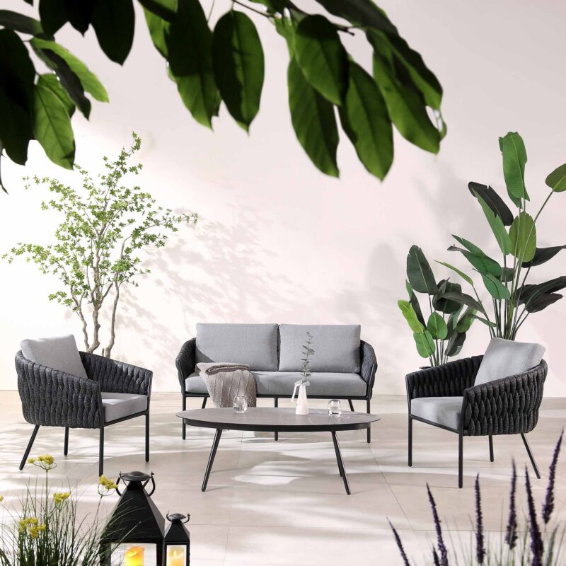 Montebello 4-Seater Outdoor Black Rope and Aluminium Sofa Set with Grey Ceramic Coffee Table - Image 2
