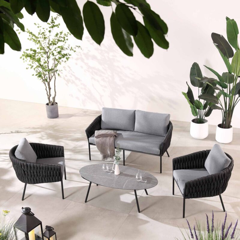 Montebello 4-Seater Outdoor Black Rope and Aluminium Sofa Set with Grey Ceramic Coffee Table - Image 3