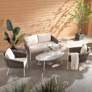 Montebello 4-Seater Outdoor Taupe Rope and Aluminium Sofa Set with White Ceramic Coffee Table