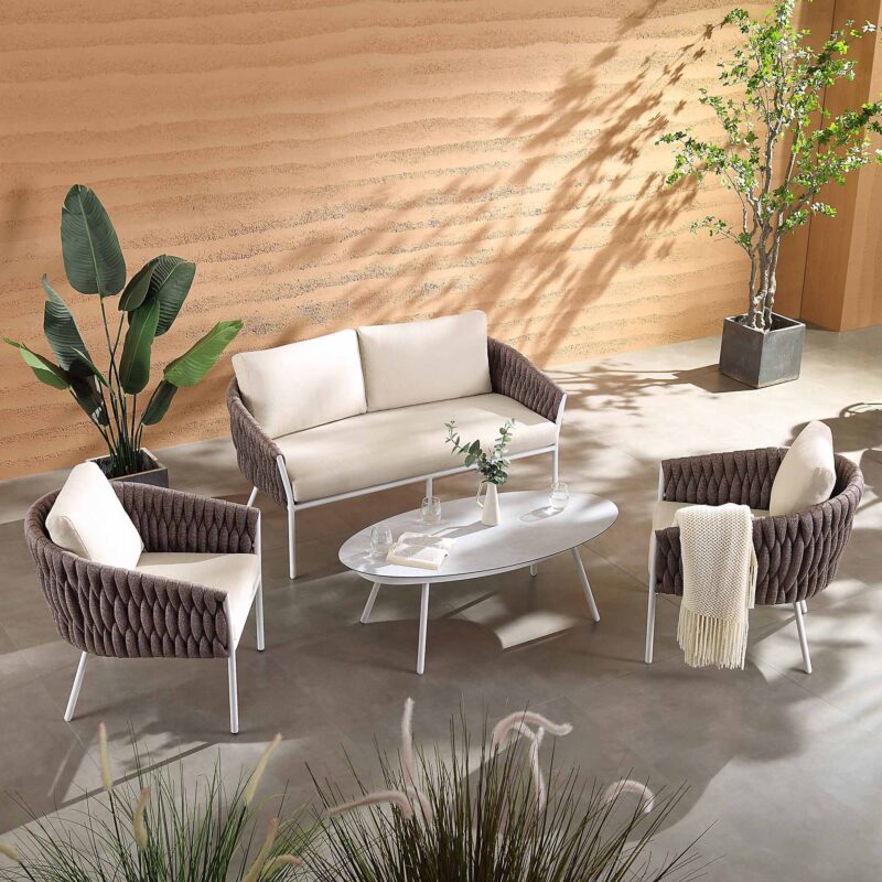 Montebello 4-Seater Outdoor Taupe Rope and Aluminium Sofa Set with White Ceramic Coffee Table