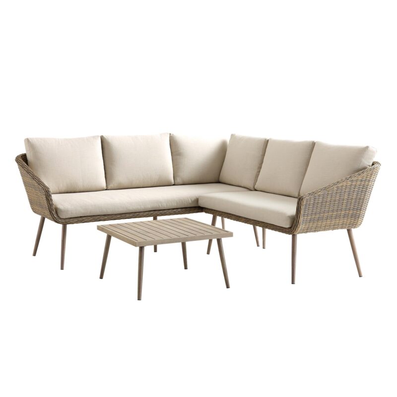 Cliveden Outdoor Aluminium Washed Wood Effect and Round Wicker Rattan Corner Sofa Set - Image 3