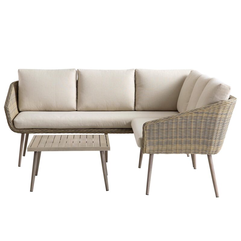 Cliveden Outdoor Aluminium Washed Wood Effect and Round Wicker Rattan Corner Sofa Set - Image 4