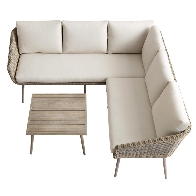 Cliveden Outdoor Aluminium Washed Wood Effect and Round Wicker Rattan Corner Sofa Set - Image 6