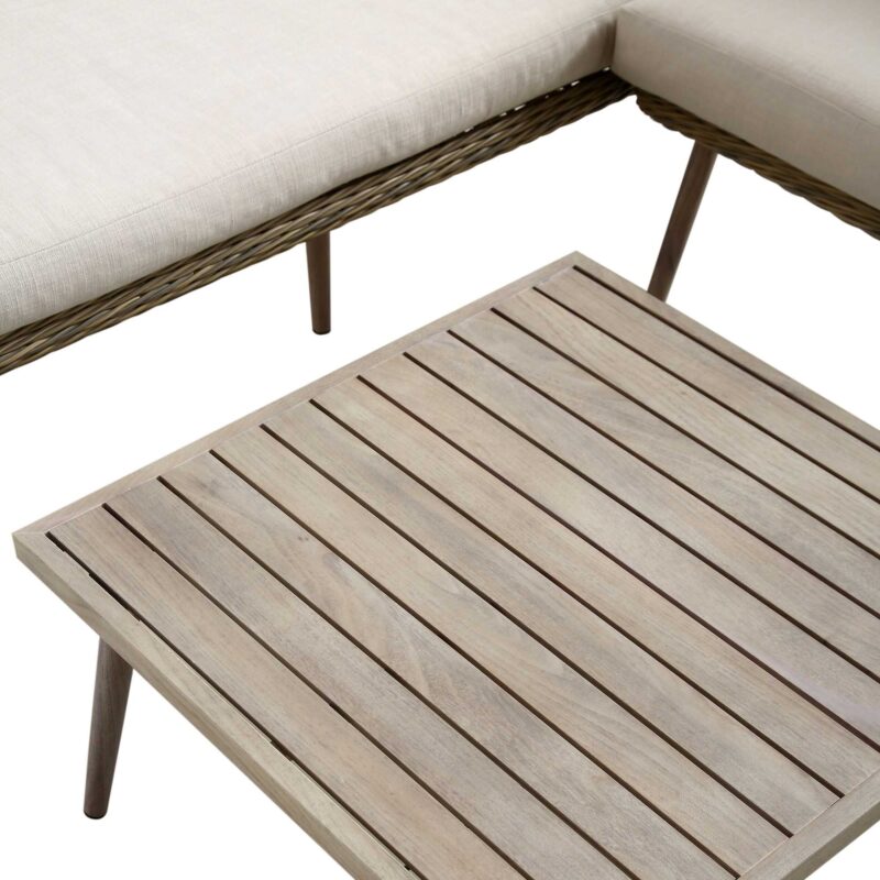 Cliveden Outdoor Aluminium Washed Wood Effect and Round Wicker Rattan Corner Sofa Set - Image 8