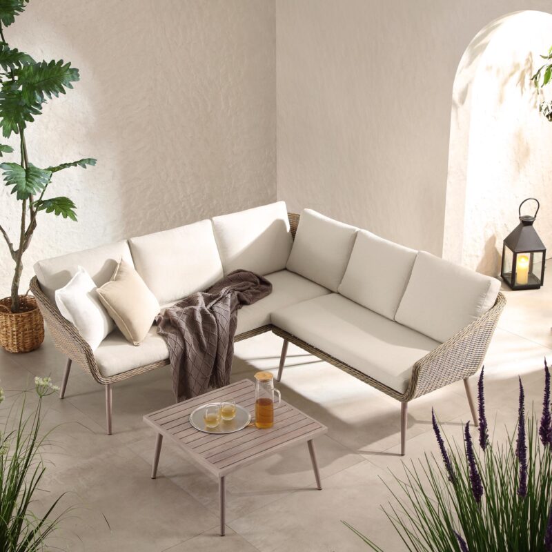 Cliveden Outdoor Aluminium Washed Wood Effect and Round Wicker Rattan Corner Sofa Set - Image 2
