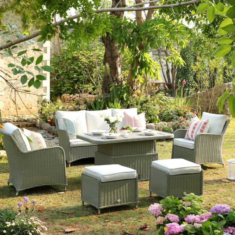 Hampshire 7-Seater Round Wicker Rattan Sofa Set with Rising Table, Desert Sage