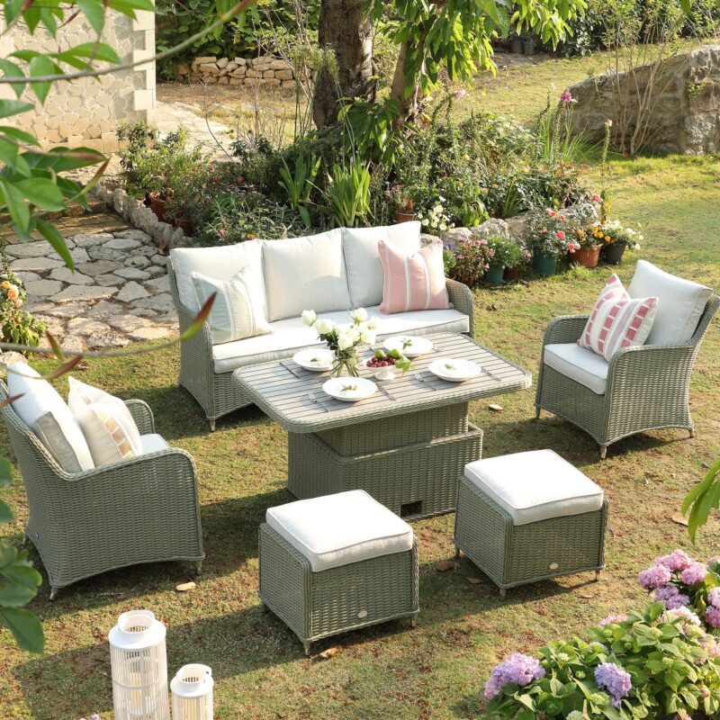 Hampshire 7-Seater Round Wicker Rattan Sofa Set with Rising Table, Desert Sage - Image 2