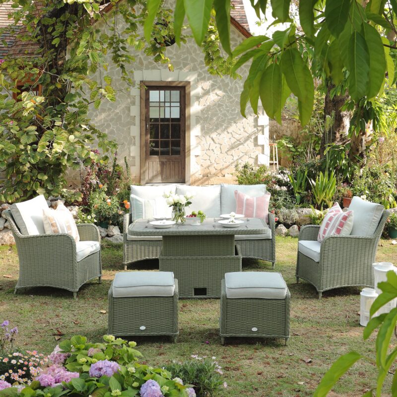 Hampshire 7-Seater Round Wicker Rattan Sofa Set with Rising Table, Desert Sage - Image 3