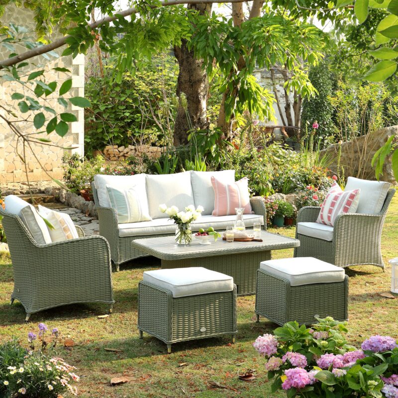 Hampshire 7-Seater Round Wicker Rattan Sofa Set with Rising Table, Desert Sage - Image 4