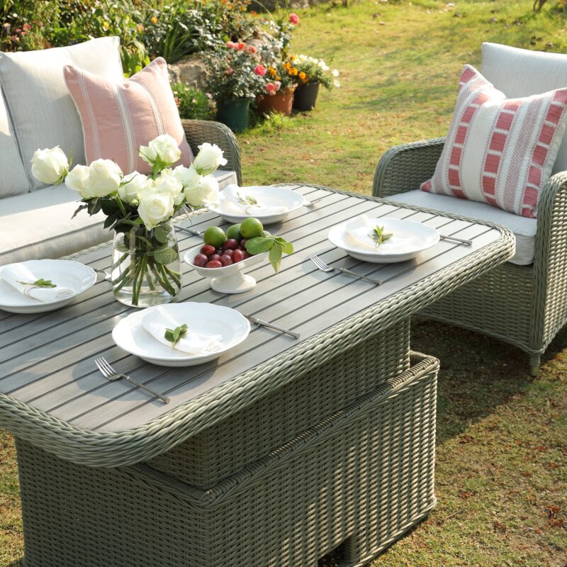 Hampshire 7-Seater Round Wicker Rattan Sofa Set with Rising Table, Desert Sage - Image 5