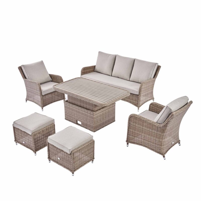 Hampshire 7-Seater Round Wicker Rattan Sofa Set with Rising Table, Natural - Image 11