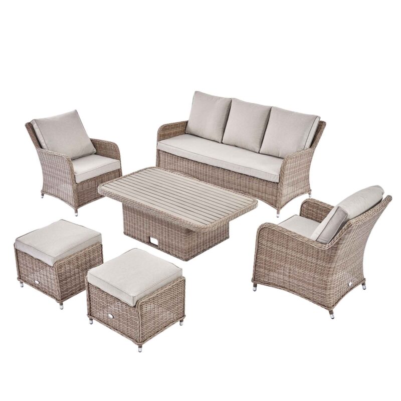 Hampshire 7-Seater Round Wicker Rattan Sofa Set with Rising Table, Natural - Image 12