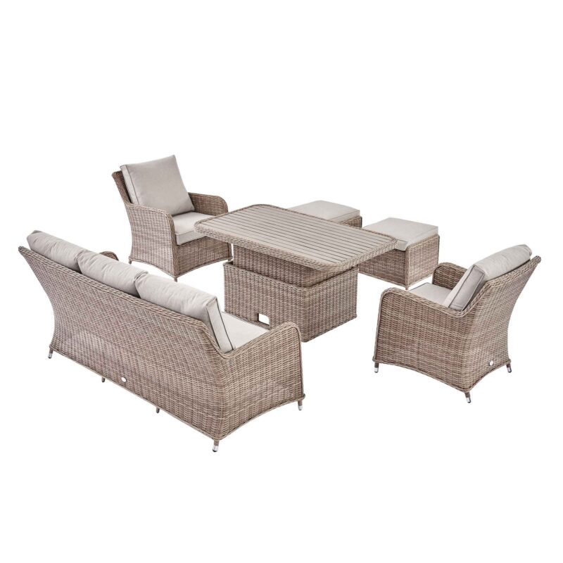 Hampshire 7-Seater Round Wicker Rattan Sofa Set with Rising Table, Natural - Image 13