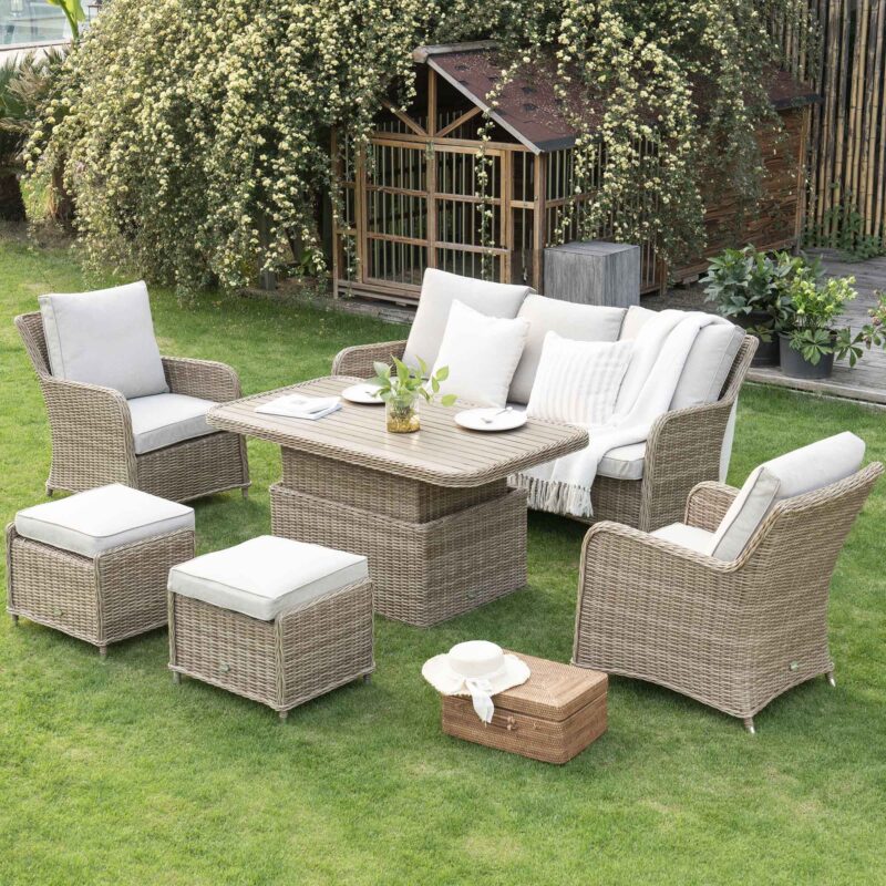 Hampshire 7-Seater Round Wicker Rattan Sofa Set with Rising Table, Natural - Image 2