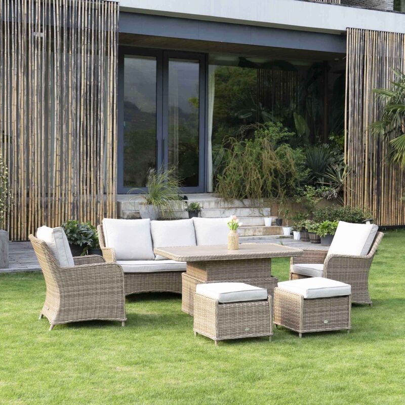 Hampshire 7-Seater Round Wicker Rattan Sofa Set with Rising Table, Natural - Image 3