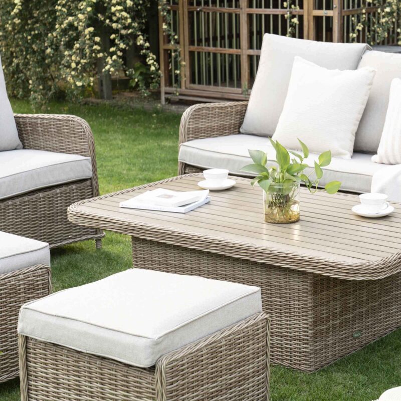 Hampshire 7-Seater Round Wicker Rattan Sofa Set with Rising Table, Natural - Image 4