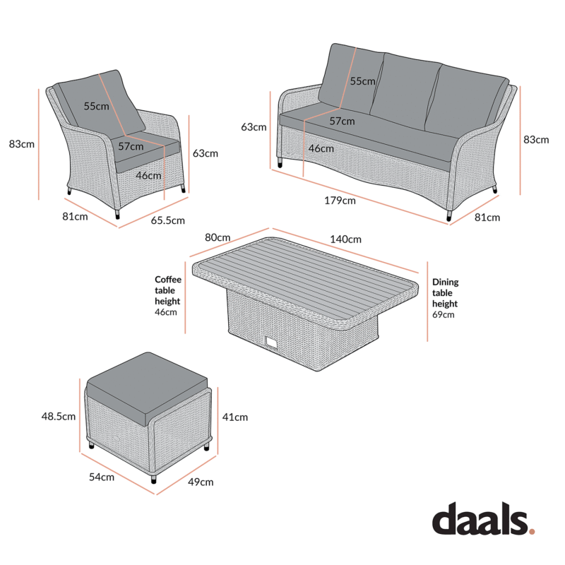 Hampshire 7-Seater Round Wicker Rattan Sofa Set with Rising Table, Light Grey - Image 9