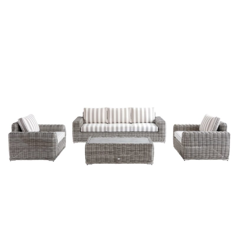 Bellagio Round Wicker Sofa Set with Coffee Table, Light Grey with Taupe Stripes - Image 2