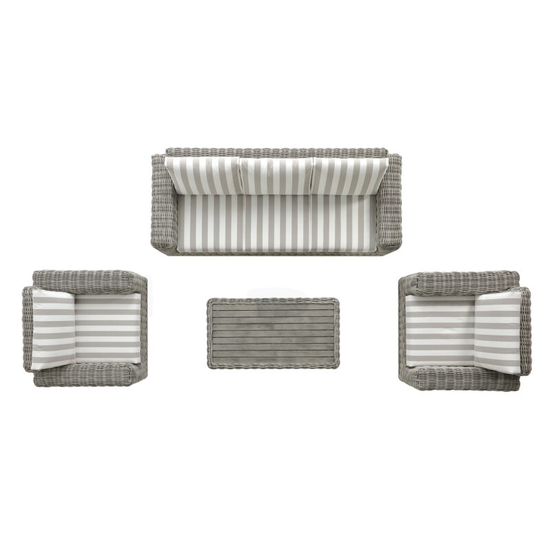 Bellagio Round Wicker Sofa Set with Coffee Table, Light Grey with Taupe Stripes - Image 5