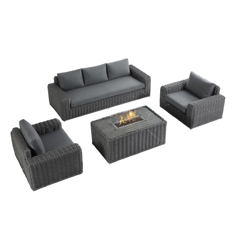 Bellagio Round Wicker Sofa Set with Firepit Coffee Table, Dark Grey - Image 3