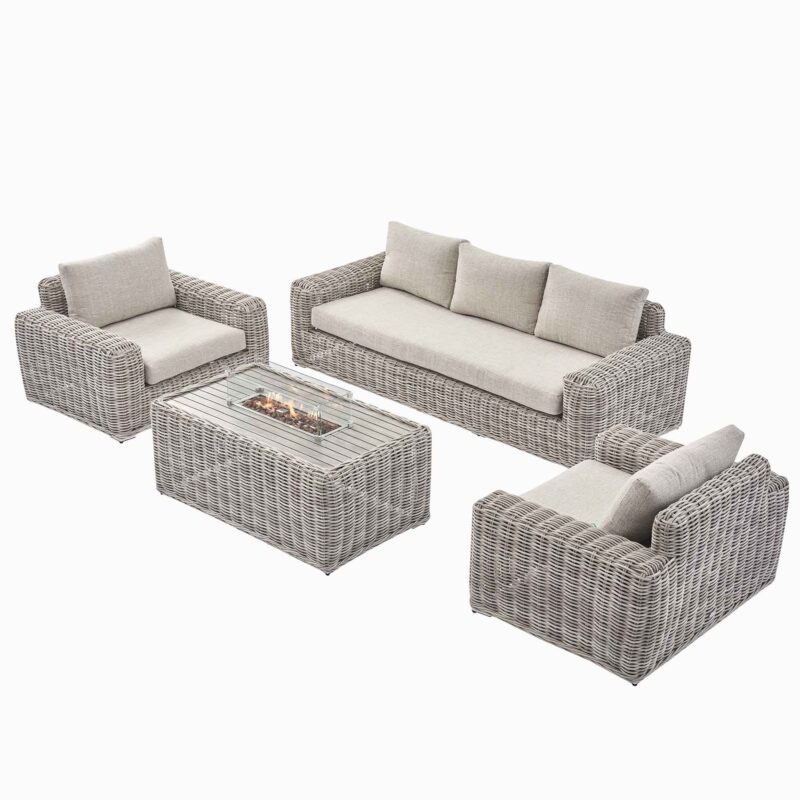 Bellagio Round Wicker Sofa Set with Firepit Coffee Table, Light Grey - Image 3