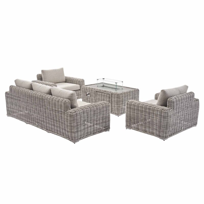 Bellagio Round Wicker Sofa Set with Firepit Coffee Table, Light Grey - Image 5
