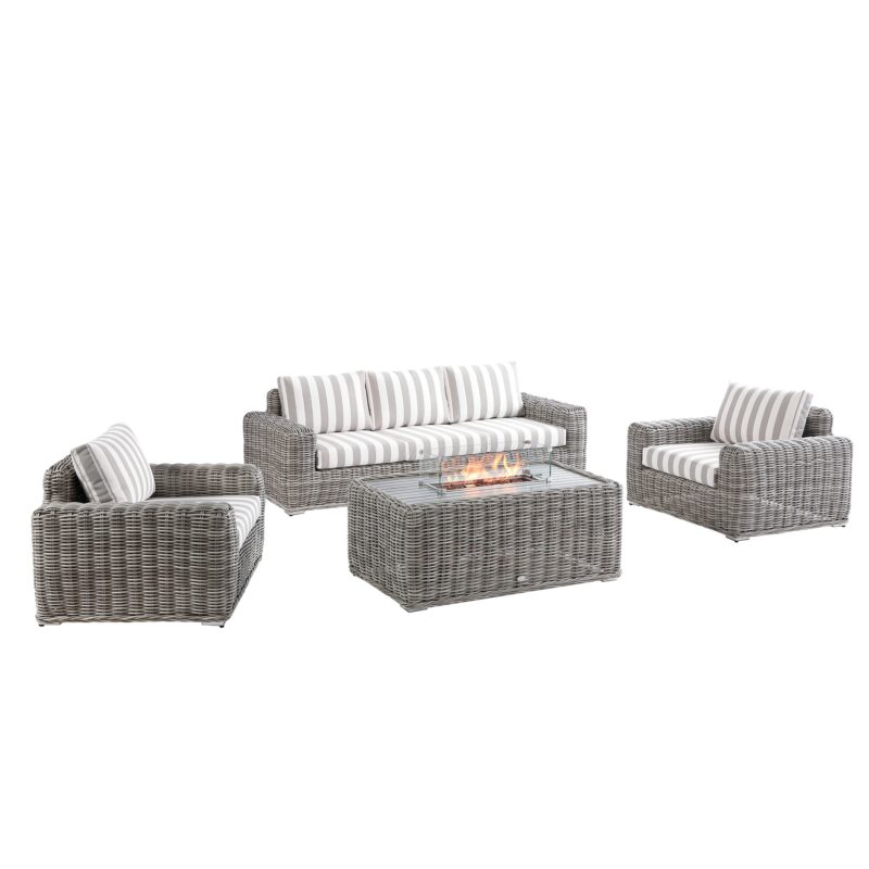 Bellagio Round Wicker Sofa Set with Firepit Coffee Table, Light Grey with Taupe Stripe - Image 2