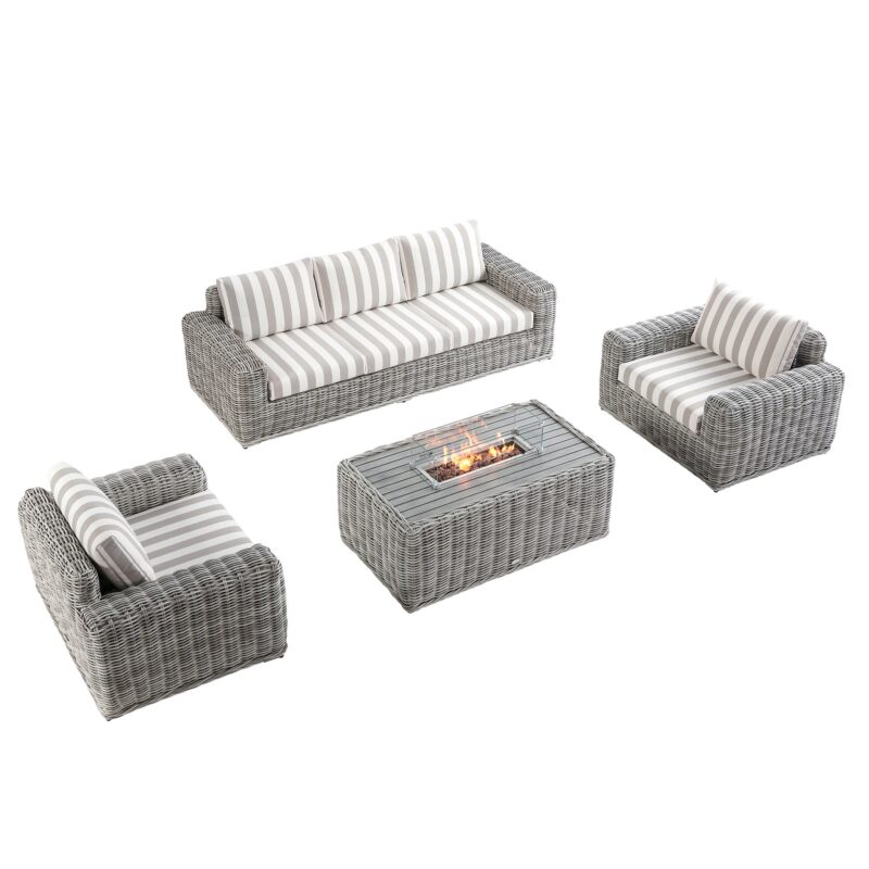 Bellagio Round Wicker Sofa Set with Firepit Coffee Table, Light Grey with Taupe Stripe - Image 3