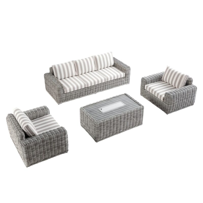 Bellagio Round Wicker Sofa Set with Firepit Coffee Table, Light Grey with Taupe Stripe - Image 5