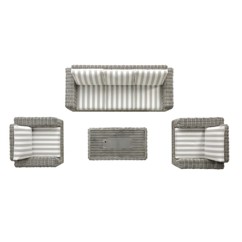 Bellagio Round Wicker Sofa Set with Firepit Coffee Table, Light Grey with Taupe Stripe - Image 6